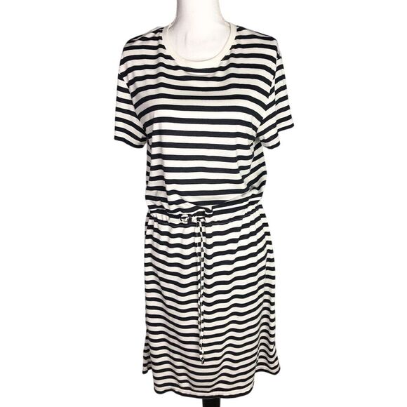 H&M BASIC Women's Black &‎ White Striped Viscose Short Sleeve Sheath Dress M Tie - Picture 1 of 5